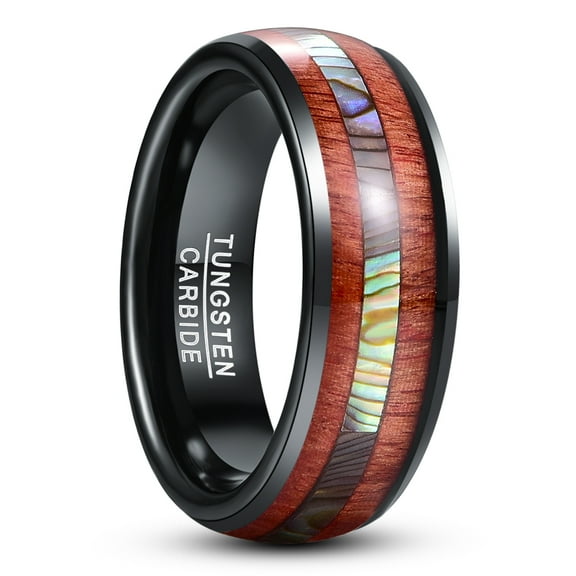 Black Wedding Ring Tungsten Abalone Shell Koa Wood Comfort Fit Ring for Men Women