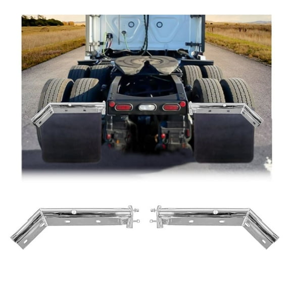 Chrome Angled Spring Loaded Mud Flap Hanger Bracket Set 28" Length - 2-1/2" Bolt Spacing - Round Tube Style 45 Degree Angled Mad Flap Hanger for Semi Trucks