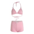 thumbnail image 5 of GEWSEY Women 2 Piece Bikini Shorts Set Y2k Halter String Triangle Bikini Top with Low Rise Swim Boyshorts Beachwear Pink for Size L, 5 of 9