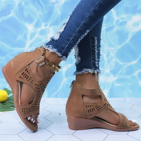 

Women s Out Wedge Sandals Solid Color Open Toe Cut-out Buckle Strap Back Zipper Shoes Roman Sandals Casual Beach Sandals