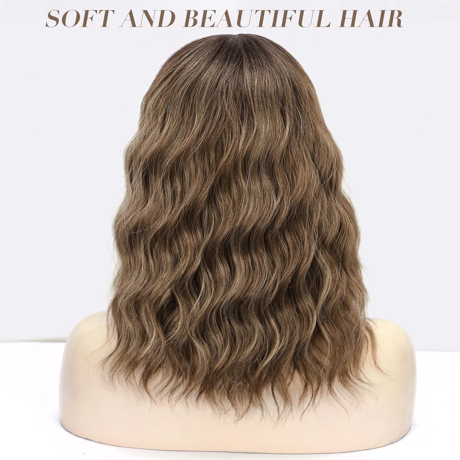DOPI Short Wavy Wig with Bangs for Women Shoulder Length Bob Curly Women's Charming Synthetic Wigs with Natural Wavy Black To Brown Heat Resistant Hair for Daily Party Use
