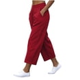 thumbnail image 4 of Utoimkio Women's Roll Cuff Cropped Linen Capri Pants Full Elastic Gathered High Waist Calf-Length Trousers with Inset Side Pockets for Summer Beach Casual Daily Wear, 4 of 8