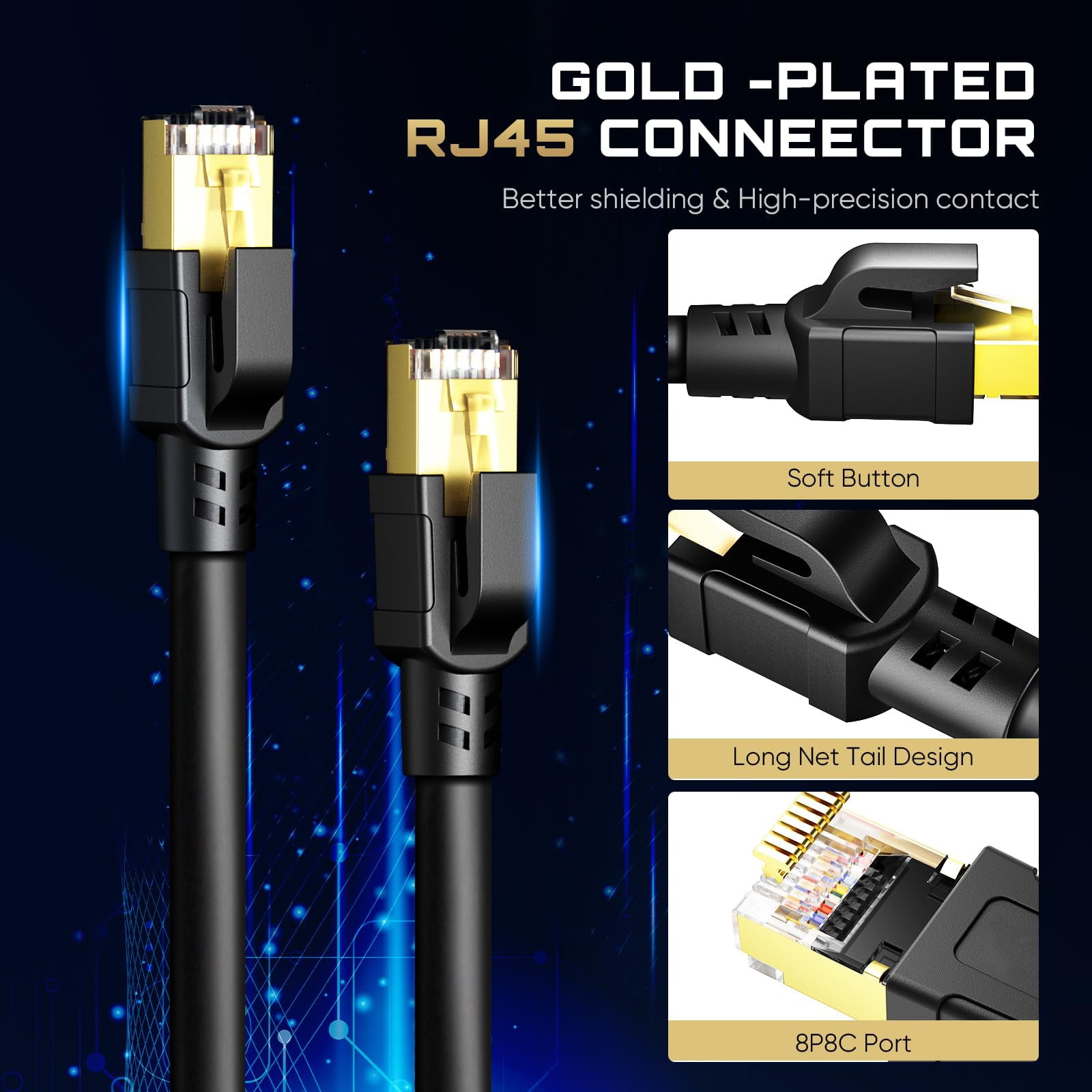 KOGYAS Cat8 Ethernet Cable 100 ft, Ethernet Cord,Network Cable Support Cat5/Cat5e/Cat6/Cat6e Standards,High Speed 40Gbps 2000Mhz F/FTP LAN Wires with RJ45 Gold Plated Connector for Modem,Router,PC