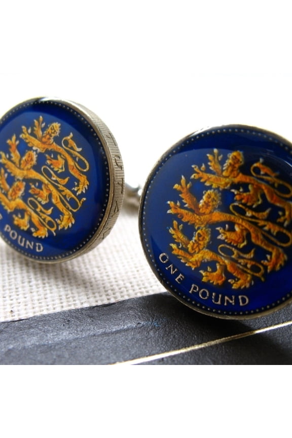 Enamel Cufflinks Lion Blue British One pound Rampant Lions Hand Painted Enamel Coin Jewelry Cuff Links Enamelled Coin