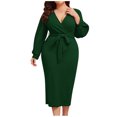 thumbnail image 4 of Dresses for Women 2023 Plus Size Long Sleeve Solid Color Dress V-Neck Ruffle Maxi Loose Fit Daily Casual Elegant Party Club Holiday Vacation Homecoming Wrap Hip Bandage Ruched Dress, 4 of 5