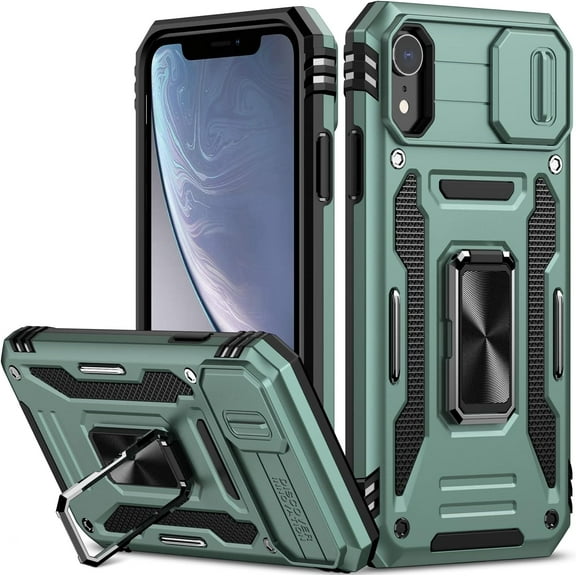 for iPhone XR Case with Slide Camera Cover Drop Tested Military Grade Heavy Duty Protective Sturdy Rotate Ring Kickstand Phone Case for iPhone XR(Green)