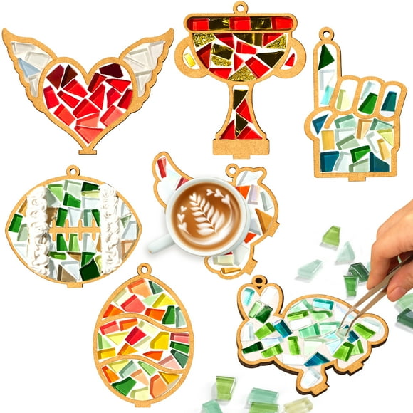 Lightwish Azulejos de Mosaico de Vidrio DIY para Kits de Manualidades, 7 Pzas Adornos Creativos de Temporada con Base de Madera y Agujero para Decoración Del Día de San Valentín y Pascua Decoración