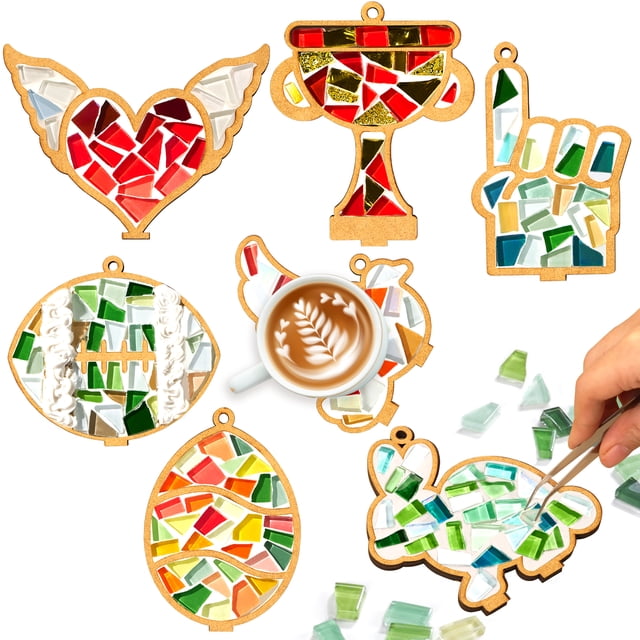 Lightwish Azulejos de Mosaico de Vidrio DIY para Kits de Manualidades, 7 Pzas Adornos Creativos de Temporada con Base de Madera y Agujero para Decoración Del Día de San Valentín y Pascua Decoración