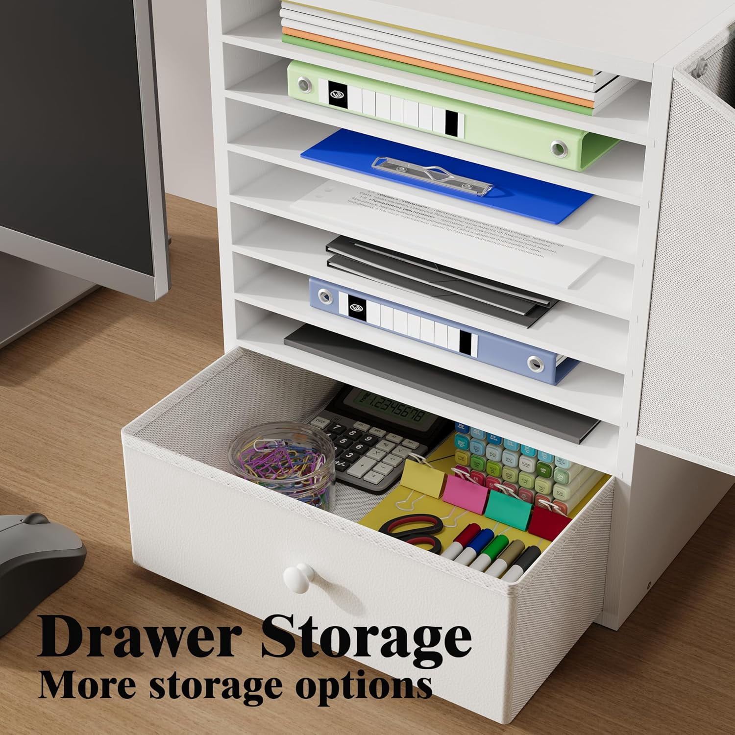 Wooden 12X12 Scrapbook Paper Organizer,7 Tier Adjustable Desktop File sorter with drawer,Craft&Stamp Cardstock Storage with Side Pocket&Name Slots for classroom,home offce，White