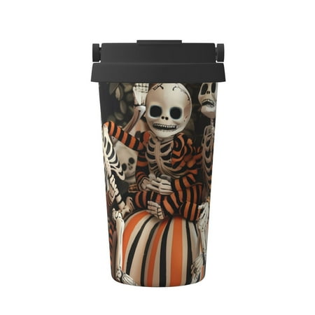 

Qekee Whimsical Halloween Skeletons Print Insulated Coffee Mug Coffee Tumbler Cup Thermos Mug Water Bottle with Handle & Flip