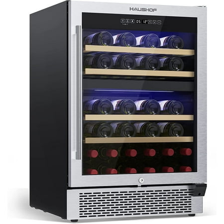 HAUSHOF 24 Inch Dual Zone Wine Cooler  44 Bottles Air Cooling Free Standing/Under Counter Wine Cooler Refrigerator  Safety Lock  Low Energy Consumption  Beech Wooden Shelves?4.6 cu.ft