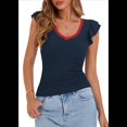 thumbnail image 1 of Camiseta de Verano para Mujer, con Cuello en V, Volantes, Sin Mangas, Corte Entallado, Azul Marino, Talla L, 1 of 7