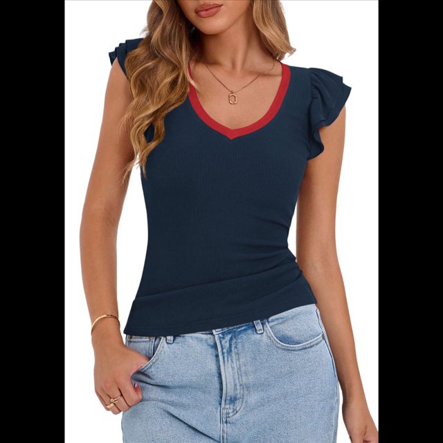 Camiseta de Verano para Mujer, con Cuello en V, Volantes, Sin Mangas, Corte Entallado, Azul Marino, Talla L