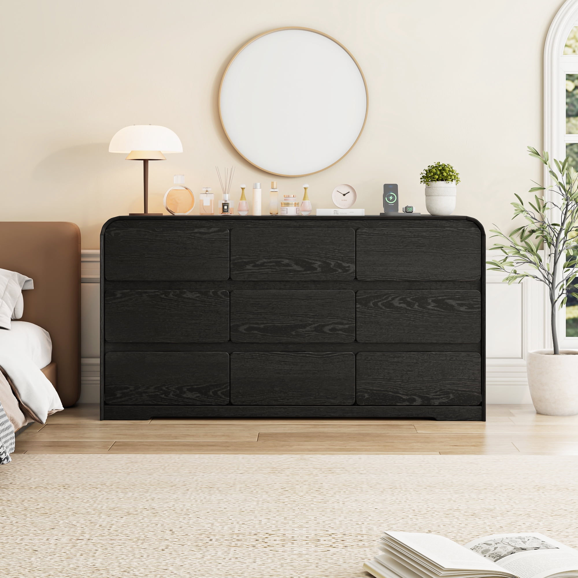 ANPOO 9 Drawers Dresser for Bedroom, 63"W Dressers & Chest of Drawers w/Power Outlet, Curved Design, Wood Mid Century Storage Cabinet, Natural Texture, for Bedroom, Hallway, Black