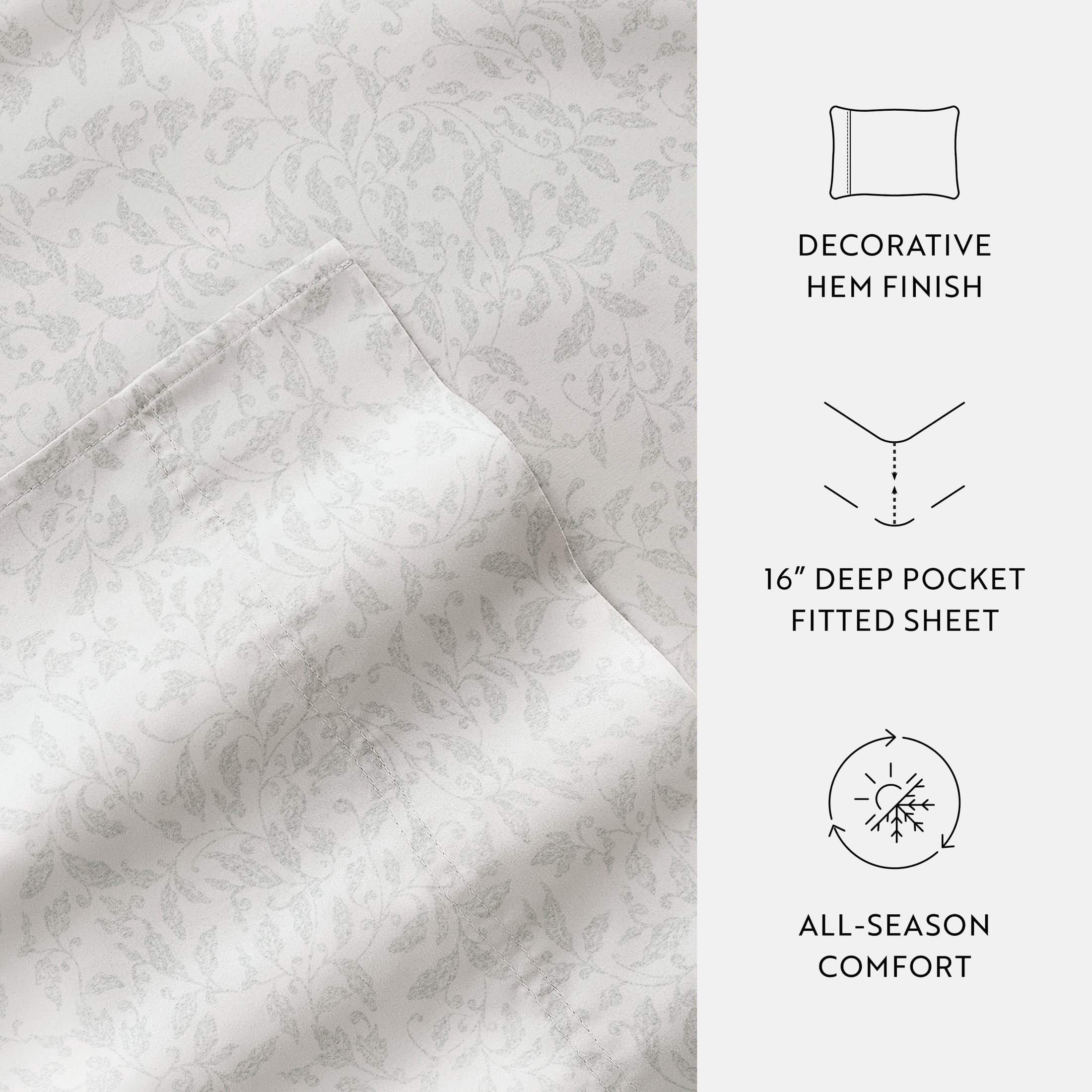 Noble Linens 4 Piece 300TC Cotton Printed Sheets, Romantic Vines Eucalyptus, Full