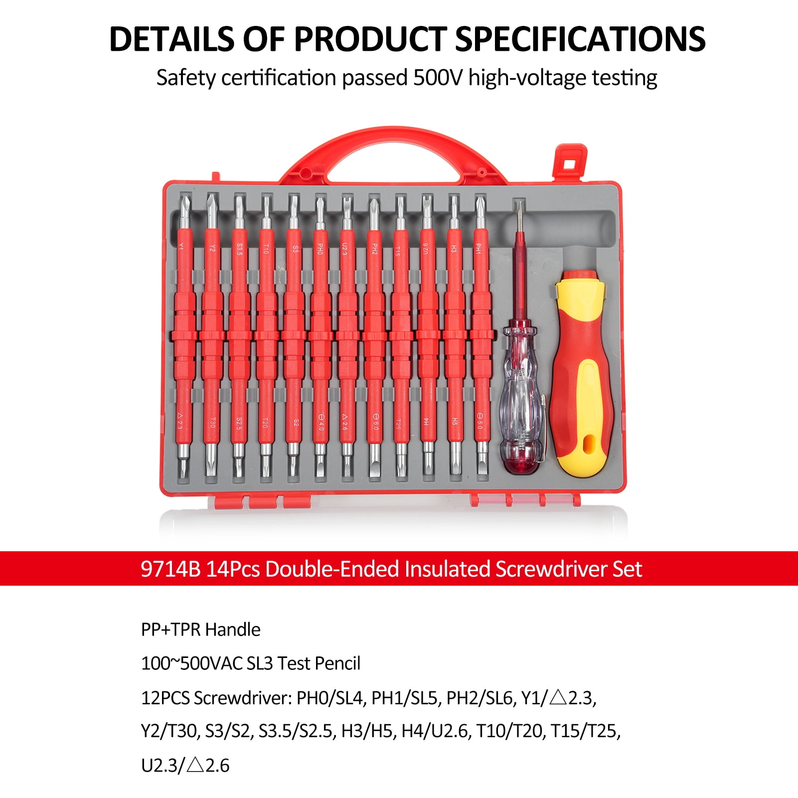 Insulated PENGGONG 9714B 500V Insulated Screwdriver Set 12Pcs Double-Ended Insulated Screwdriver Tool With Non-Slip Handle All-in-One Premium Professional Screwdriver Set With Test