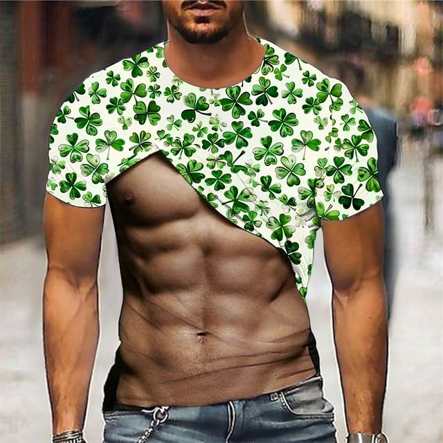 UVEASISHA T-Shirt pour Homme de la Saint-Patrick 2025 Tendance Faux Trèfle Musclé T-Shirts Graphiques 3D Vacances Décontracté Manches Courtes Col Rond Hauts Cadeaux Fantaisie pour Hommes Offre du Jour Aujourd'hui Vert TTTG