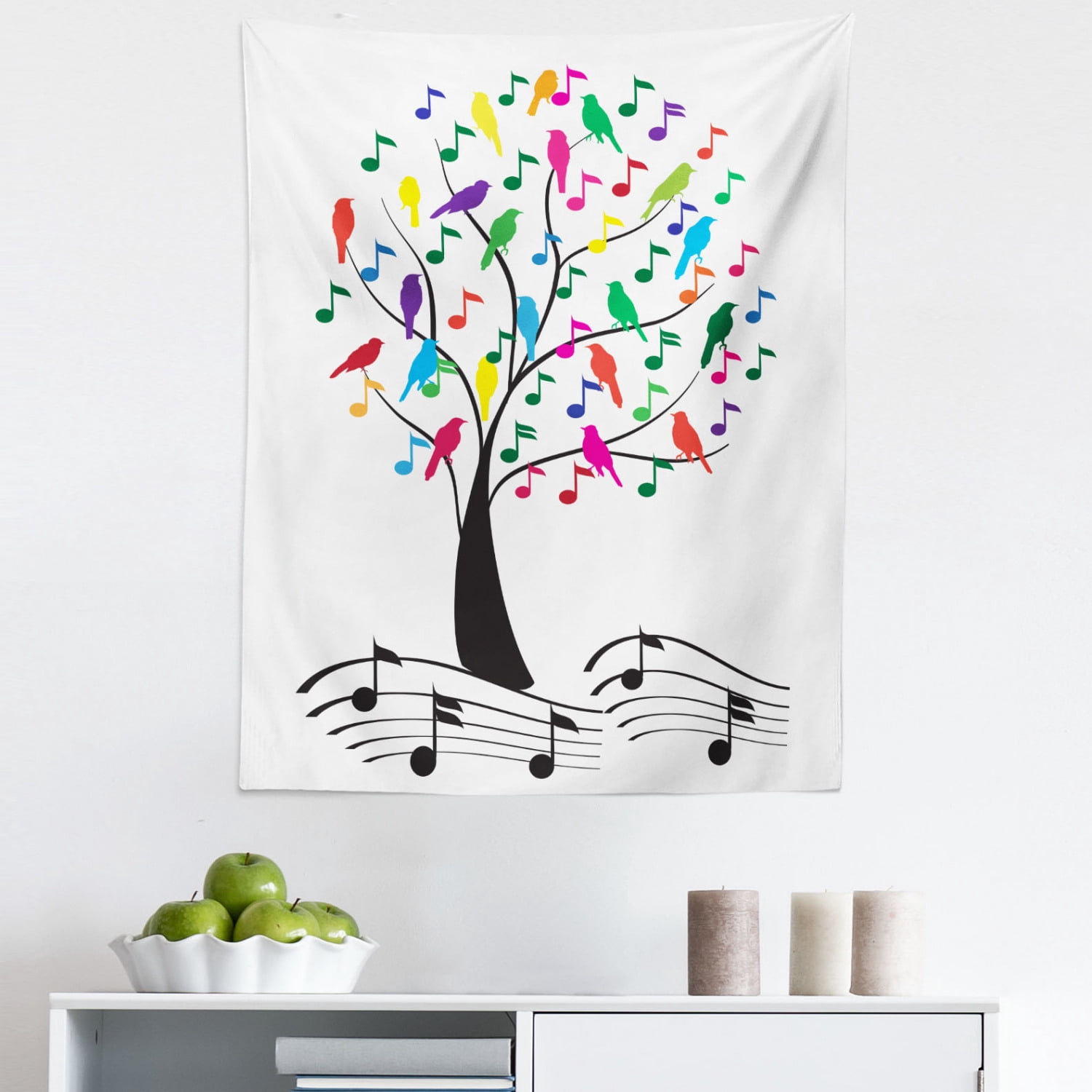 Tree Note Wall Music Tapestry, Tree with Musical Notes and Birds on Branch Happy Jolly ...