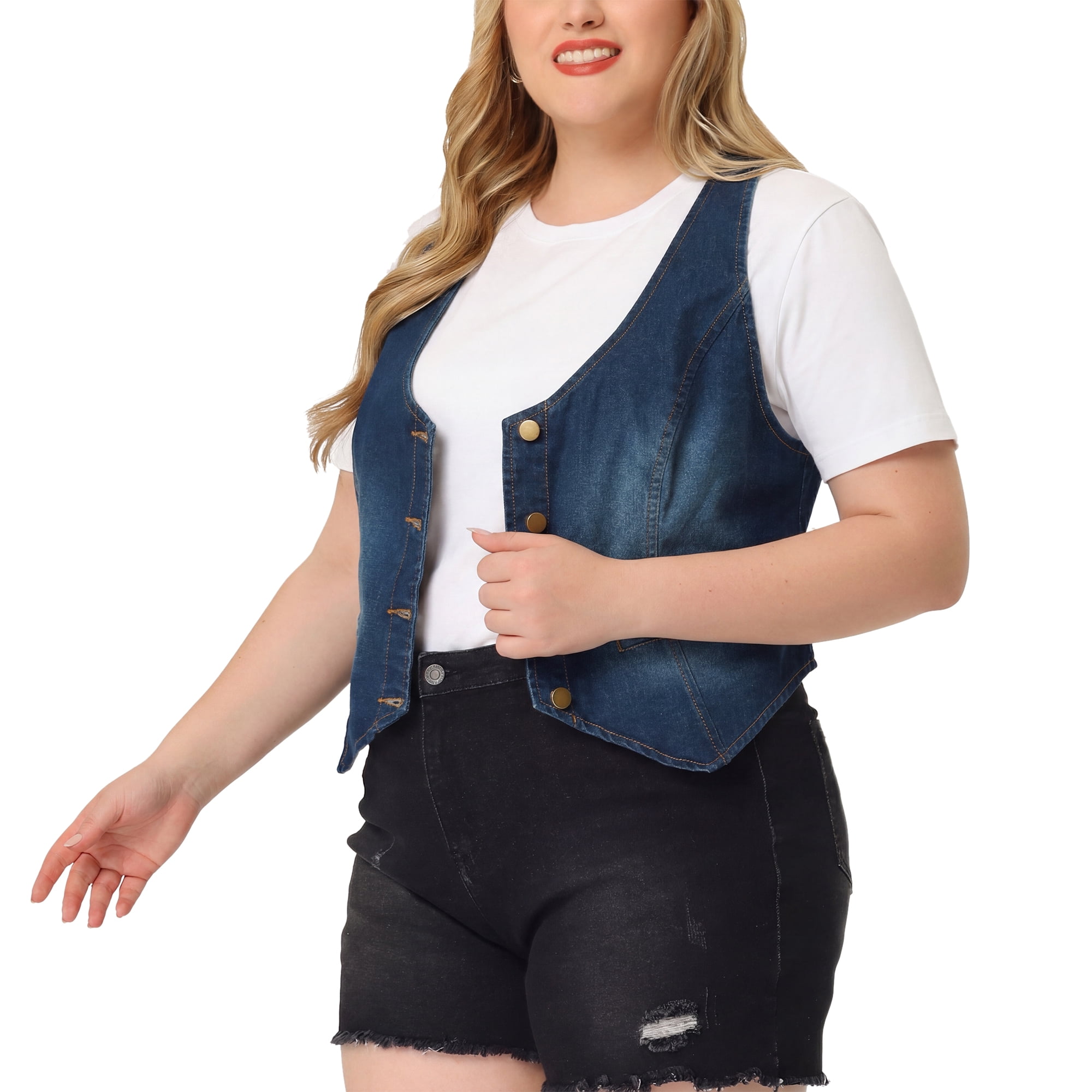 DARING DIVA Women's Plus Size Button Down V Neck Sleeveless Jean Waistcoat 4X Blue