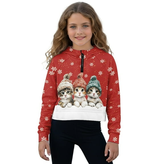 Xixirimido Christmas Themed Cats Pattern Kids Half Zip Hoodies for Girls 3D Graphic Hooded Sweatshirt Zipper Long Sleeve Pullover Top with Pockets Size 5-6