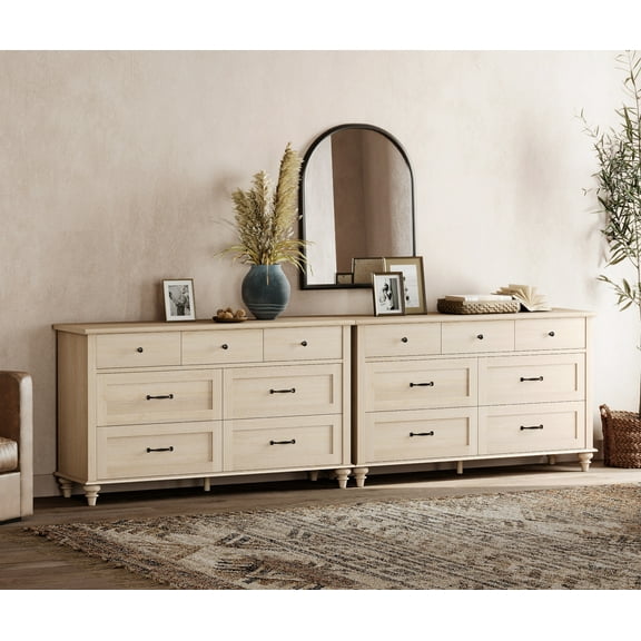 Set of 2 Dressers with 14 Drawers, Large Dresser TV Stand for Living Room Kids Room, Beige