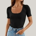 thumbnail image 4 of Square Neck Short Sleeve Tops for Women Ribbed Knit Pullover Casual Slim Fitted T Shirts Cute Summer Dressy Tees (XL, Black), 4 of 5