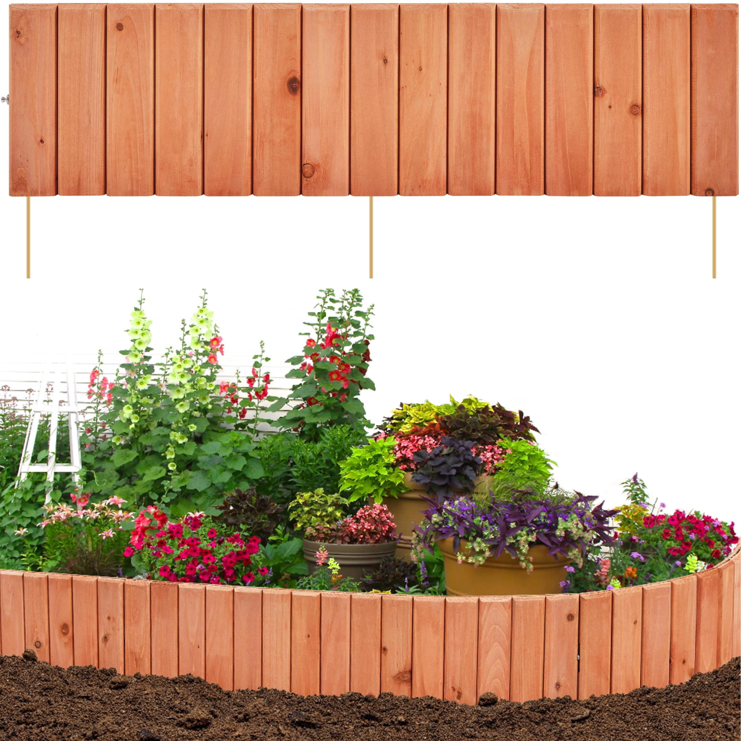 Garden edging border, landscape fence easy to install, durable planter fencing for yard flower bed lawns pathway tree circle, natural wood color, brown