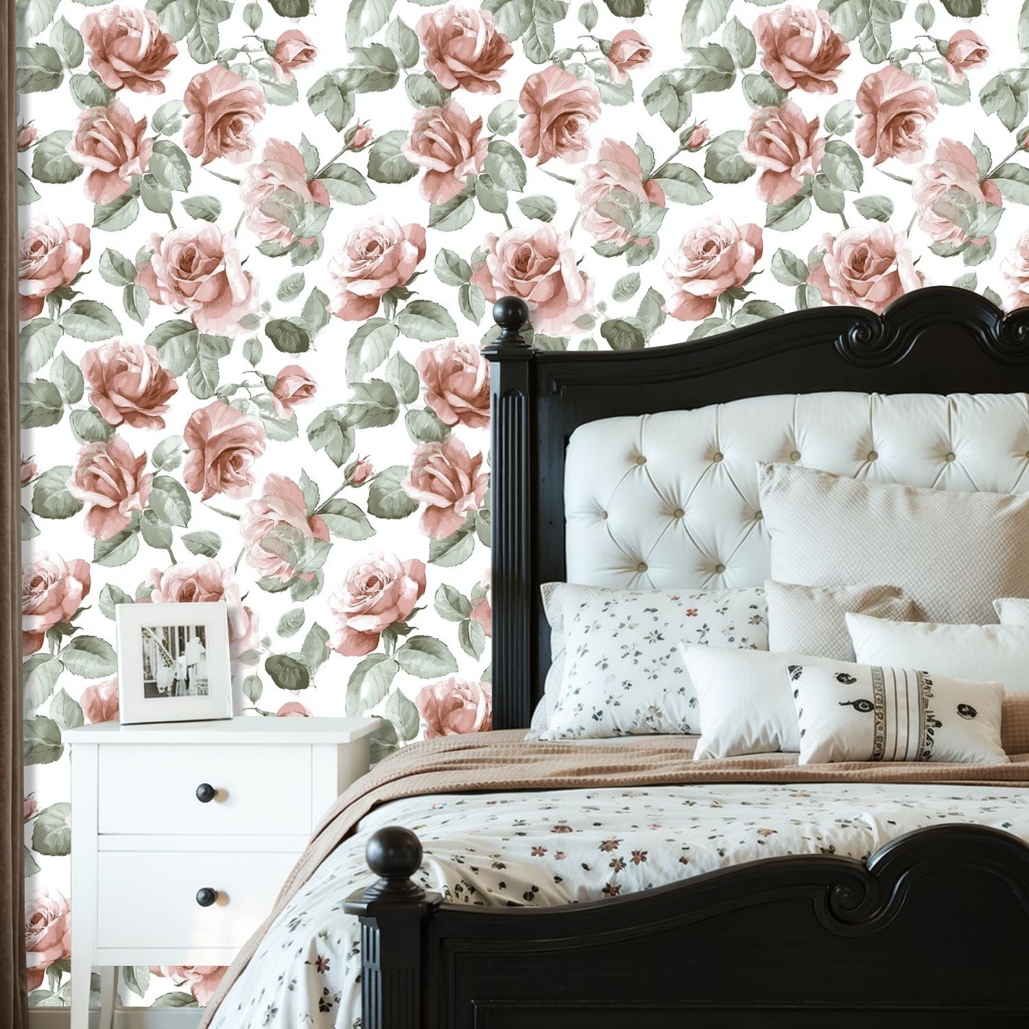 Peel and Stick Wallpaper 23.6in x 9.8ft Soft Pink Roses Green Leaves Floral Contact Paper Vinyl Self-Adhesive Removable Wall Paper for Bedroom DIY Home Decor Renter Friendly