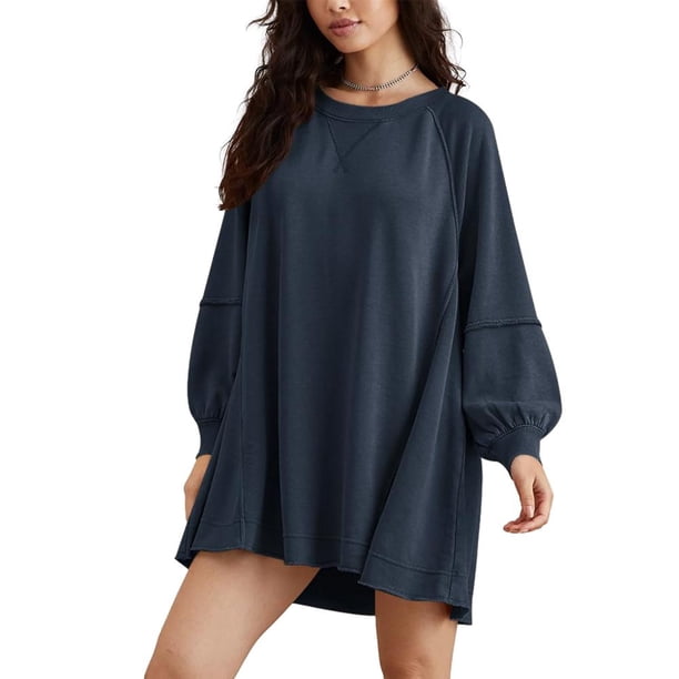 Vestido Mujer Casual Corto Color Sólido Cuello Redondo Traje Diario Básico Kuymtek Azul marino T XL para Mujer