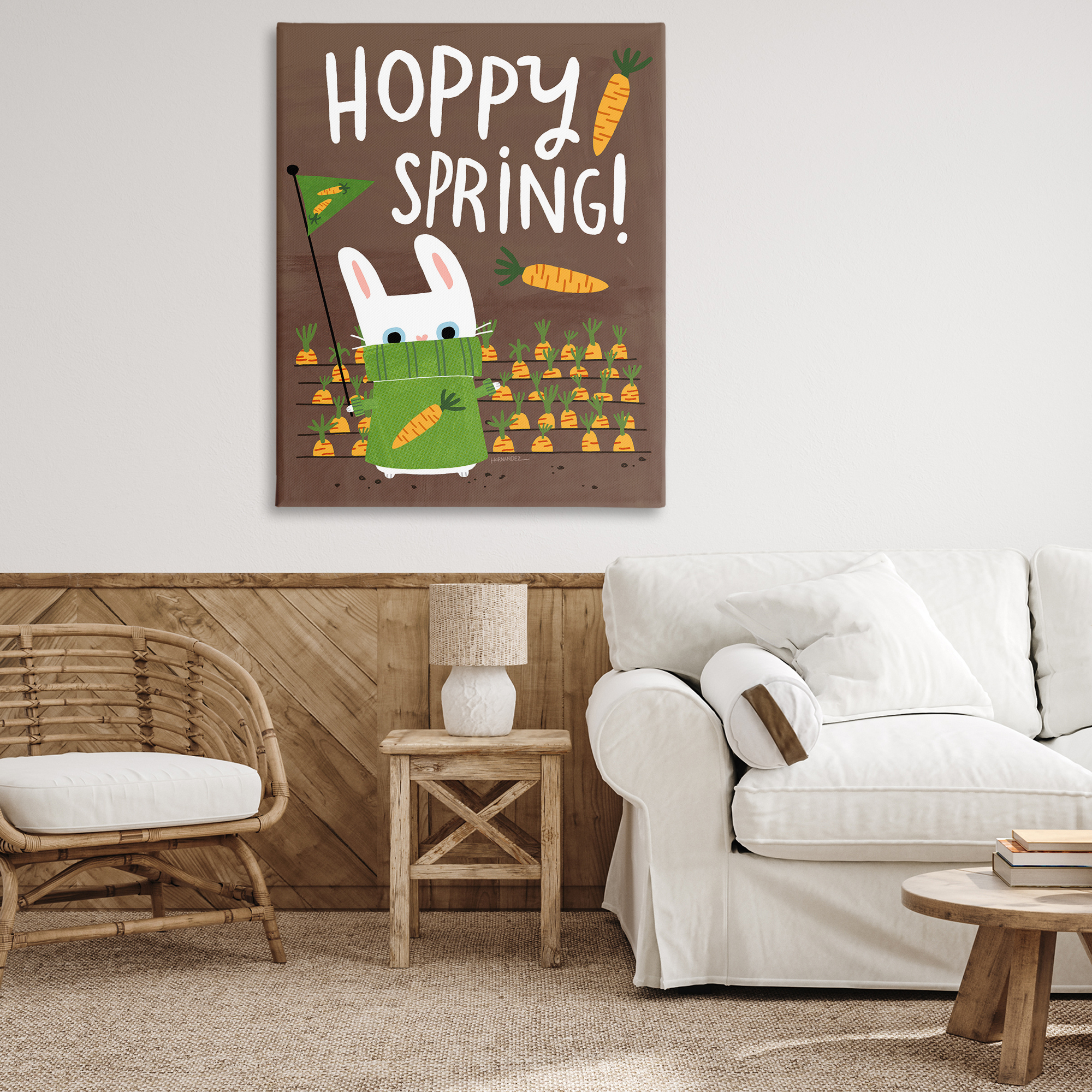 Stupell Industries Happy Spring Bunny & Carrots Animals Painting Wrapped Canvas Art Print Wall Art, 36 x 48