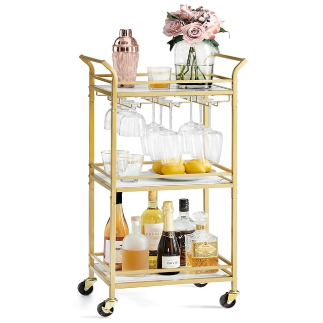 Bar Cart VASAGLE Home Bar Serving con estante de 3 niveles, color dorado pálido