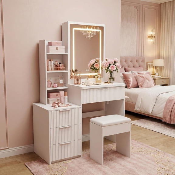 GlowPlume 31.5" Modern Vanity Desk with Mirror and Lights, White Makeup Vanity with Chair, Vanity Table with 4 Drawers and Multiple Open Storage Shelves, Lighted Mirror, Dressing Table for Bedroom