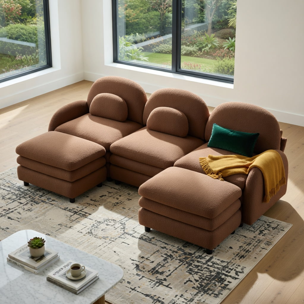 Hommoo Teddy Fleece 3-Seat Modular Sectional Sofa, Cloud-Like Double-Layer Cushions, Curved Backrest & Armrests, Includes 2 Movable Ottomans & Lumbar Pillows, Camel