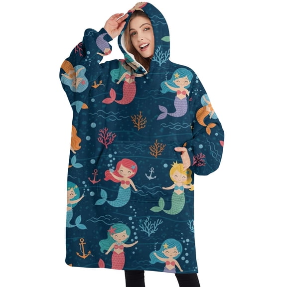 Oversized Wearable Blanket Hoodie,Dark Blue Mermaid Pattern Sherpa Blanket Hoodie with Super Pockets,Super Warm Fuzzy Pullover for Women & Men