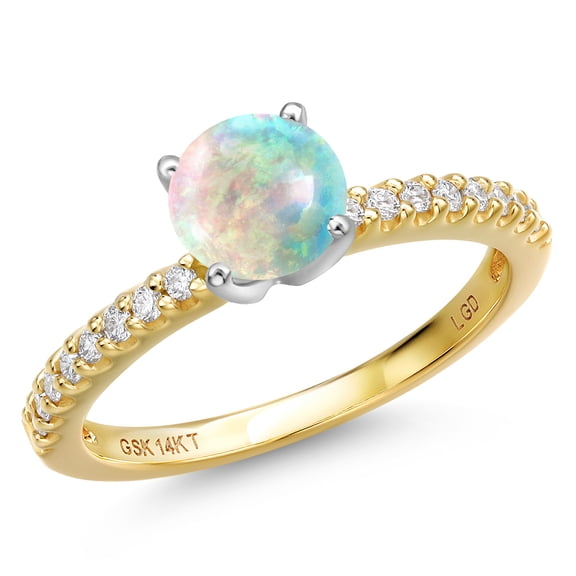 Gem Stone King 14K Two Tone Gold Simulated White Opal and Lab Grown Diamond Engagement Ring for Women | 0.66 Cttw | Round Cabochon 5MM | Gemstone October Birthstone | Size 9