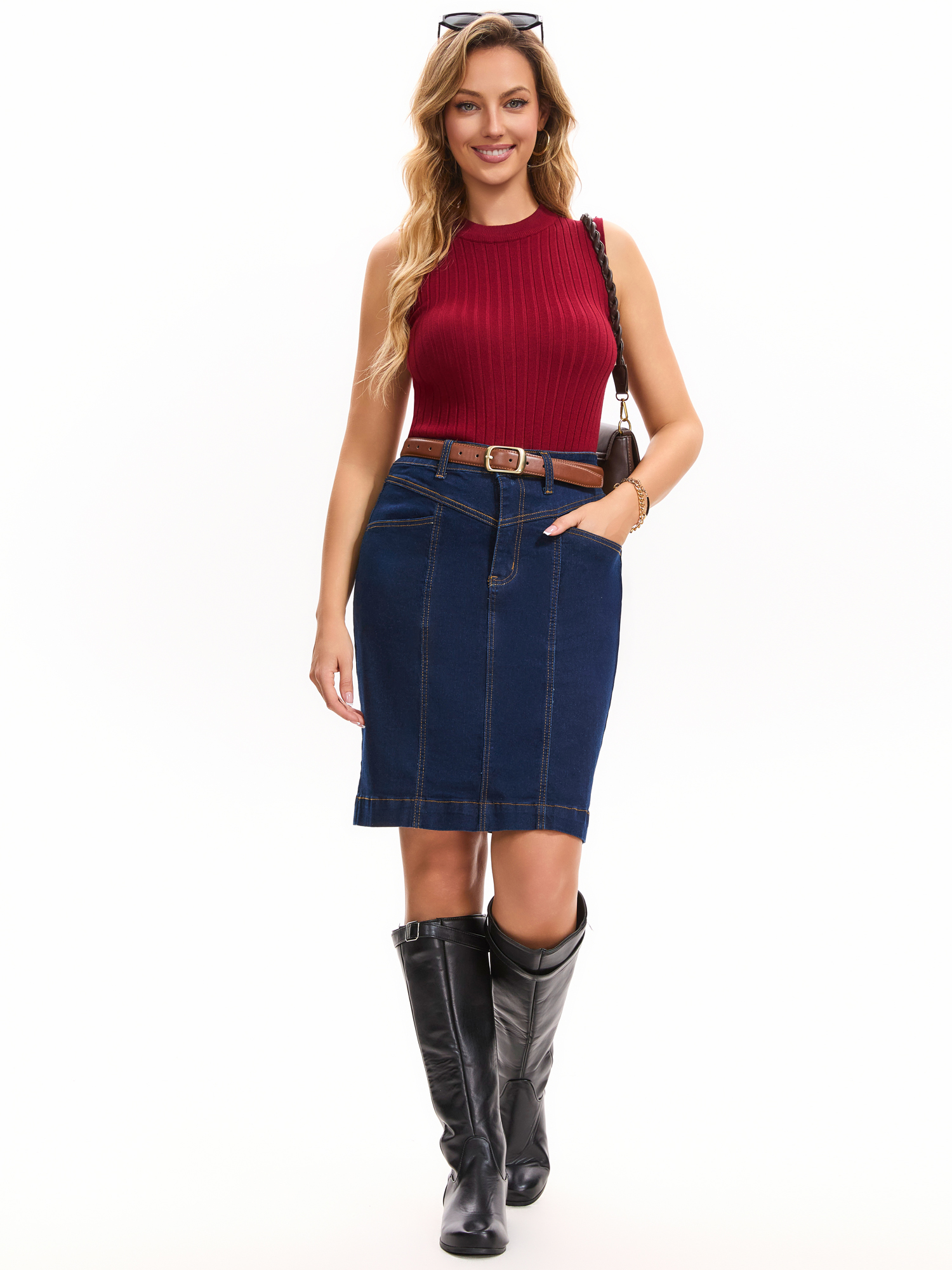 DARING DIVA Women's Denim Pencil Knee Length Stretchy Fit Skirt M Black Blue