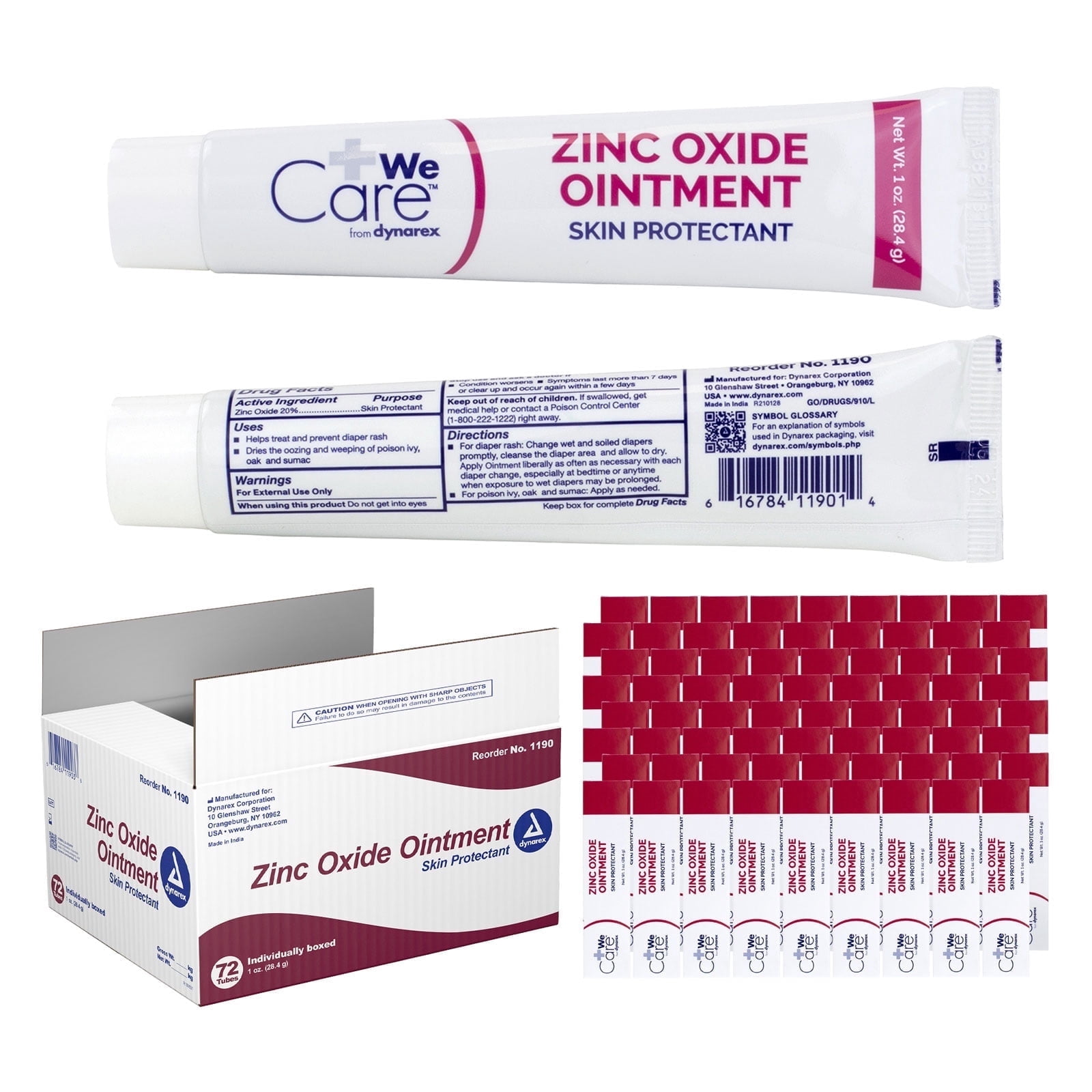 Dynarex Zinc Oxide Ointment - 1 Case of 72 Individually Packaged 1 oz. Tubes