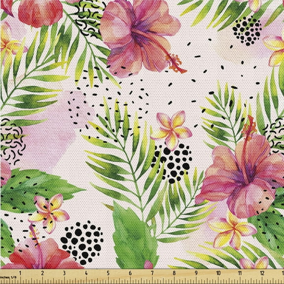 Ambesonne Tropical Vibes Fabric by the Yard Upholstery, Memphis Leaf Bloom, 1 Yard, Dark Coral Fern Green