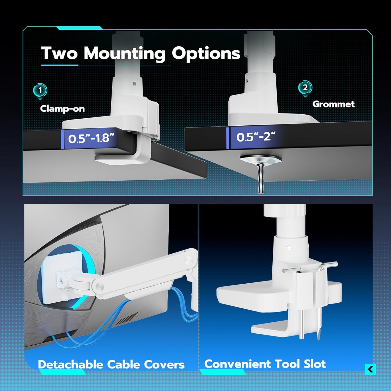 ARES WING Single Monitor Arm Desk Mount for 17–49 Inch Ultrawide Monitors, Heavy Duty Monitor Mount Holds Up to 44 lbs, Full Motion Gas Spring Monitor Stand, VESA 75x75 / 100x100, White
