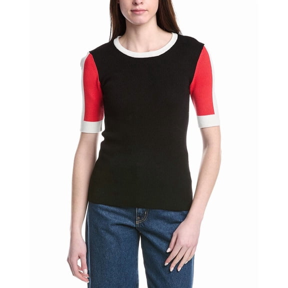 T Tahari womens Elbow Sleeve Colorblock Rib Pullover, xs, Black