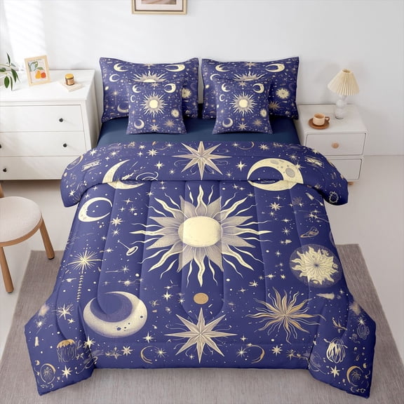 Feelyou Tribal Bohemian Sun Twin Bedding Sets 7-Piece for Kids, Blue Gold Galaxy Sky Bedding Comforter Set, Mystic Stars Moon Reversible Sheet Sets, Luxury Bedroom Decor