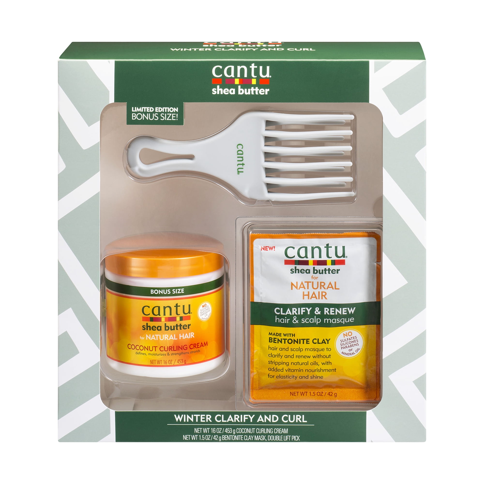 ($20 Value) Cantu Winter Clarify and Curl Gift Set, Coconut Curl Cream 16 oz, Bentonite Clay Hair Masque 1.5 oz, Double Lift Pick