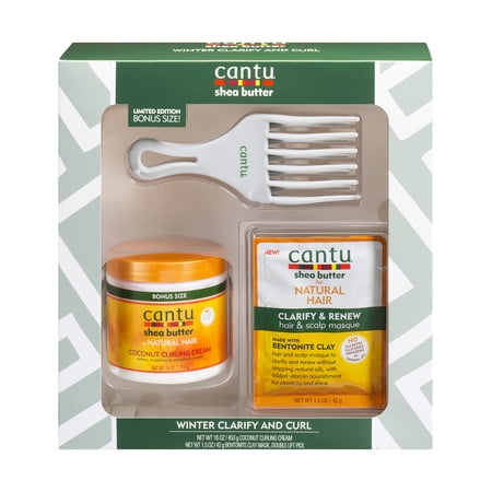 ($20 Value) Cantu Winter Clarify and Curl Gift Set, Coconut Curl Cream 16 oz, Bentonite Clay Hair Masque 1.5 oz, Double Lift Pick