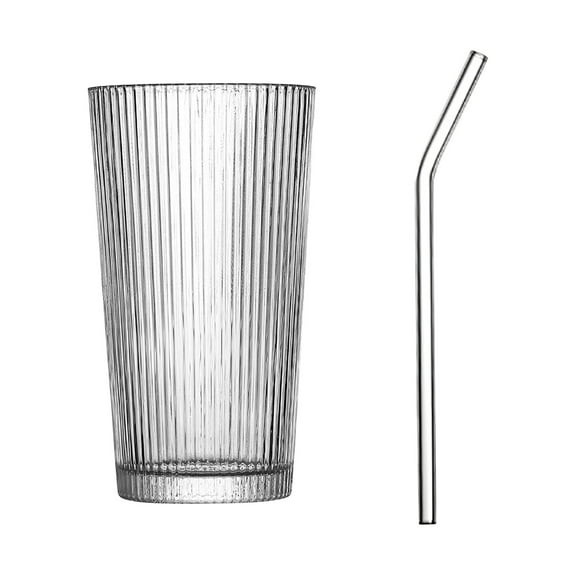 Elegant Ribbed Glass Tumbler with Reusable Glass Straw 16 oz, Eco-Friendly, Dishwasher Safe, Perfect for Cold Beverages as shown