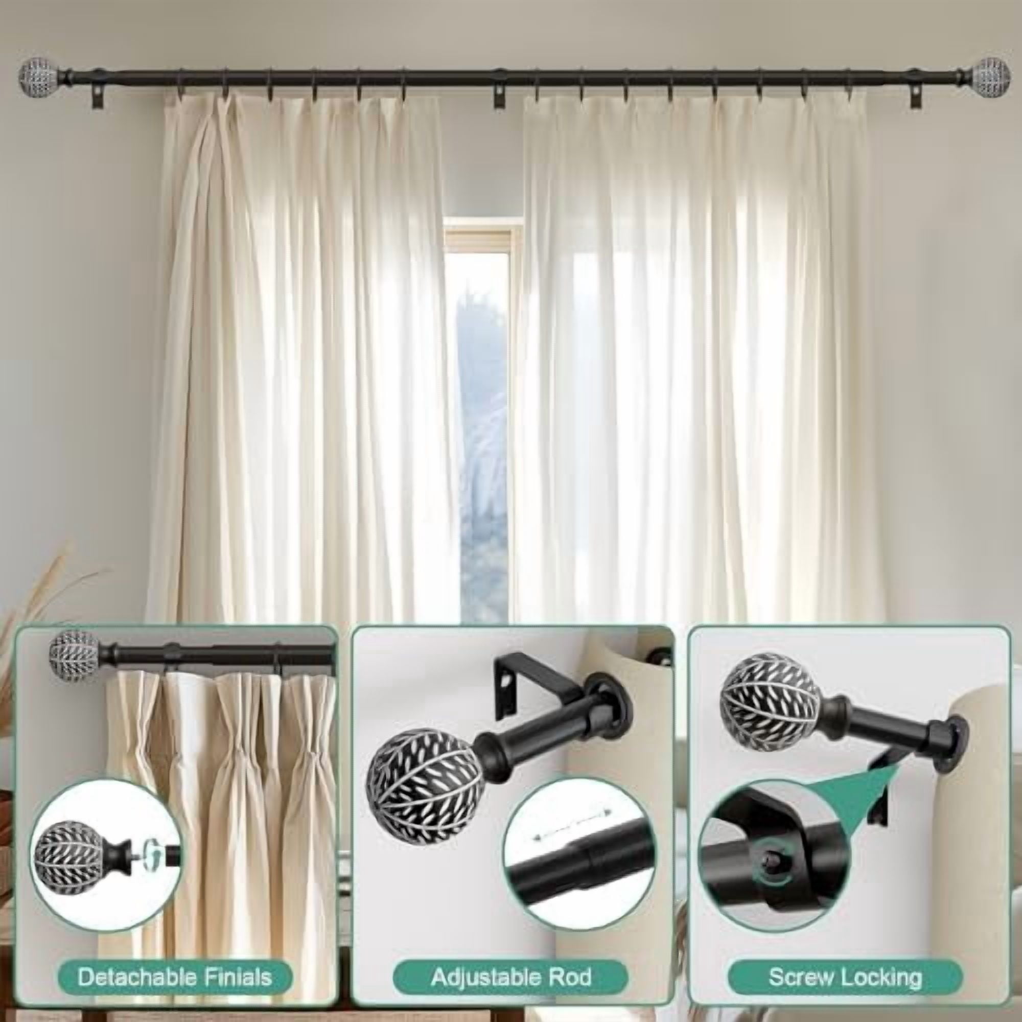 2 Pack Black Curtain Rods for Windows 28 to 48 Inch,1'' Diameter Drapery Rods with Leaf Pattern Finials,Decorative Adjustable Heavy Duty Curtain Rods Set,18-60''