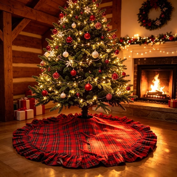 Christmas Tree Skirt, Ruffled Embroidered Cloth Holiday Decoration for Christmas Trees and Festive Home Décor