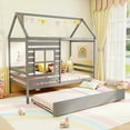 thumbnail image 2 of Gymax Twin Size House Bed with Trundle Wooden Platform Bed w/ Roof Chimney & Window Gray, 2 of 10