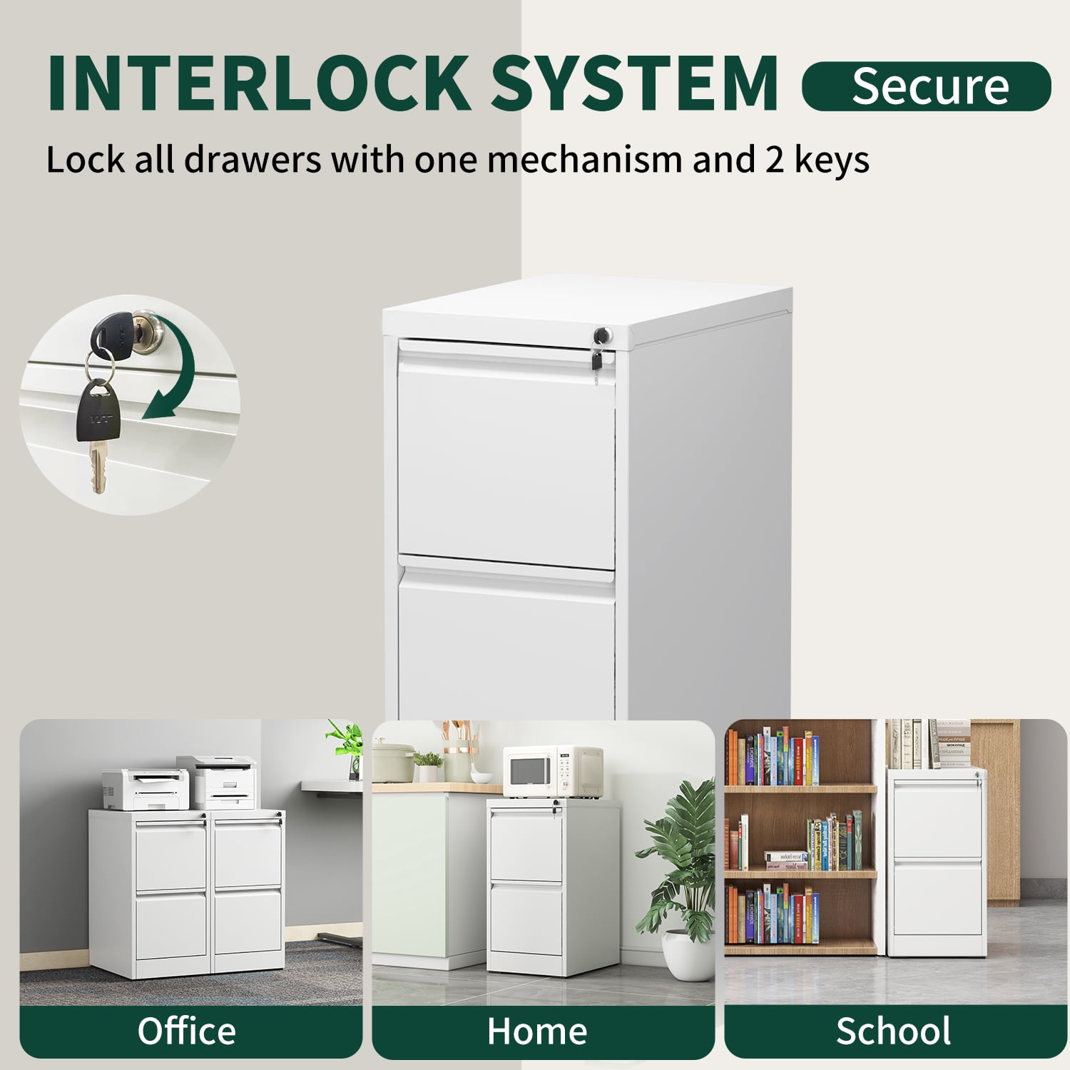IKIMI 2 Drawer Vertical File Cabinet with Lock, 28.8" H Metal Office Storage Cabinet for A4/Letter/Legal Size, White