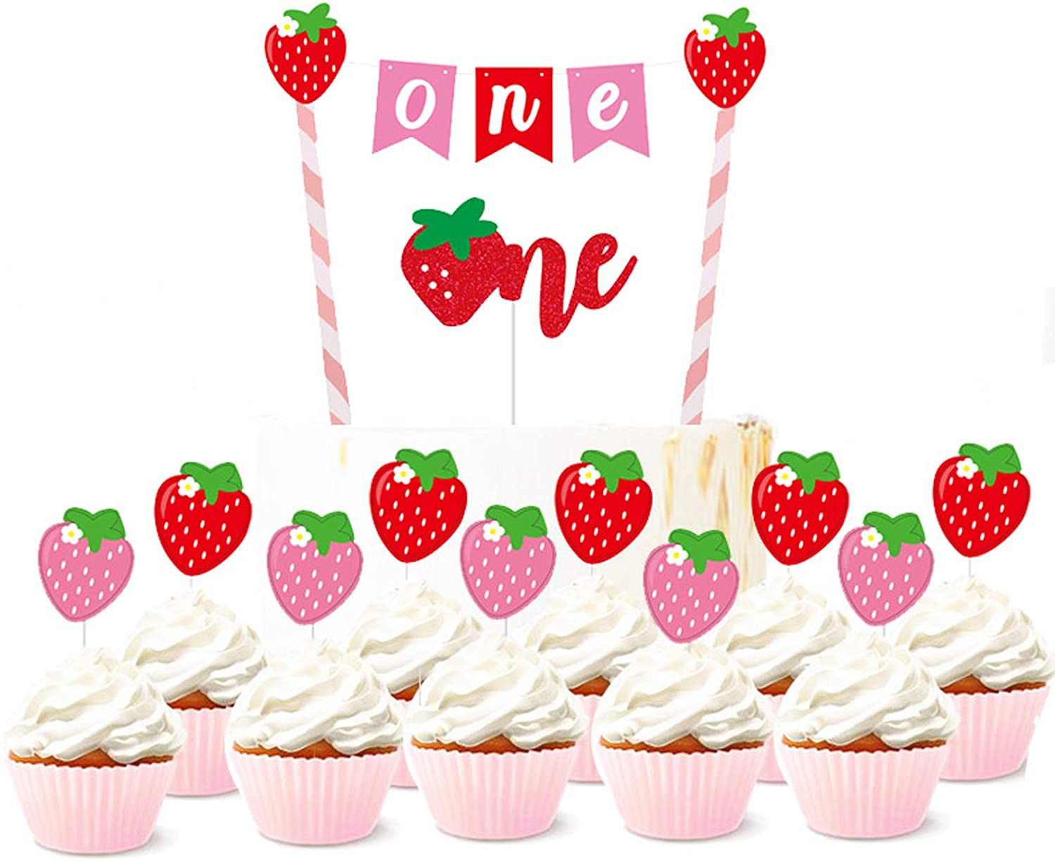 Strawberry One Cake Topper Kits Strawberry Cupcake Topper 1st Birthday
