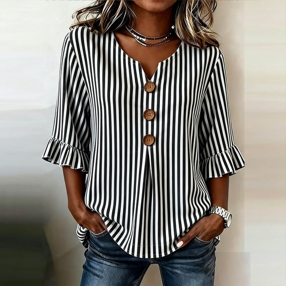 Qulqfy Blouses for Women Casual 3/4 Sleeve Striped Fall Black Ruffle Button Up Dressy Henley V-Neck Womens Tops L